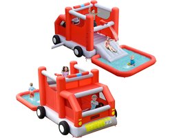 COSTWAY Springkasteel, glijbaan, kinderbadje, kinderspringkasteel in brandweerstijl, springslot voor binnen en buiten, 564 x 268 x 212 cm