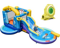 COSTWAY Springkasteel met blazer en glijbaan, waterpark met 2 zwembaden, waterkanon, basketbalmand, kinderspringkasteel voor binnenplaats, park, 490 x 290 x 220 cm