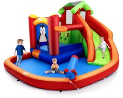 COSTWAY Springkasteel met glijbaan, klimwand, kinderbadje, waterkanon en basketbalring, waterpark voor nat en droog gebruik, inclusief reparatieset, draagtas, 370 x 300 x 190 cm, rood