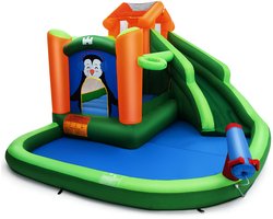 COSTWAY Springkasteel met glijbaan, klimwand, kinderbadje, waterkanon en basketbalring, waterpark voor nat en droog gebruik, inclusief reparatieset, draagtas, 370 x 300 x 190 cm, groen