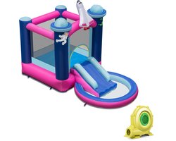 COSTWAY Springkasteel met kinderbadje, springslot met glijbaan, outdoor bouncer incl. draagtas en grondpalen, 393 x 207 x 270 cm