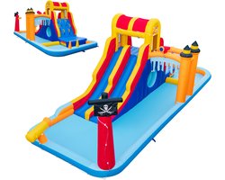 COSTWAY Springkasteel met twee glijbanen, klimwand, kruipholte, waterkanon & kinderbadje, bouncy Castle, waterpark voor kinderen, 693 x 295 x 263 cm