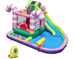 COSTWAY Springkasteel met ventilator, 9-in-1 waterpark in snoepthema met lange glijbaan, kinderbadje, waterpistool & Tic-Tac-toe-spel, voor maximaal 2 kinderen, 425 x 375 x 225 cm