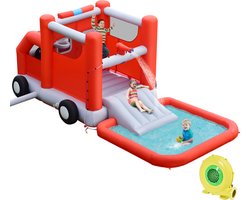 COSTWAY Springkasteel met ventilator, glijbaan, kinderbadje, kinderspringkasteel in brandweerstijl, springslot voor binnen en buiten, 564 x 268 x 212 cm