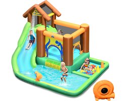 COSTWAY Springkasteel met ventilator, waterglijbaan, opblaasbaar, waterspeelcentrum met glijbaan, waterpark, opblaasbaar, kinderbadje, 368 x 303 x 230 cm