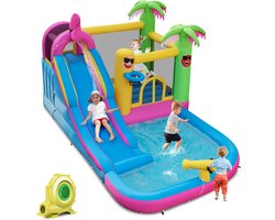 COSTWAY Springkasteel met ventilator, waterpark in flamingo-thema met lange waterglijbaan, kinderbadje, waterkanon & basketbalmand, voor tuin, 450 x 300 x 260 cm