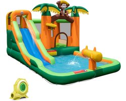 COSTWAY Springkasteel met waterglijbaan tropisch 7-in-1 waterpark met lange glijbaan kinderbadje basketbalkorf en waterpistool incl. ventilator 460 x 285 x 230 cm Meerkleurig