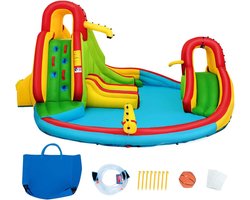 COSTWAY Springkasteel, opblaasbaar met 2 glijbanen, speelzwembad, springburg, waterpark, kinderbadje met klimwand, basketbalring, waterspeelplaats met tas, 460 x 420 x 233 cm