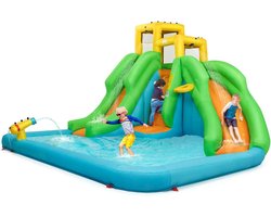COSTWAY Springkasteel, waterpark met twee glijbanen, klimwand, basketbalmand, kinderbadje en waterkanon, incl. draagtas, reparatieset, haringen, 400 x 361 x 255 cm (zonder blazer)