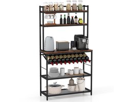 COSTWAY Staand keukenrek, bakkersrek met wijnhouder, tot 10 flessen, magnetronrek met werkblad en 5 planken, vintage industrieel rek, metaal, staand rek voor keuken en eetkamer, bruin