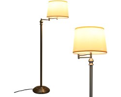 COSTWAY Staande Lamp, zwenkarm staande lamp met ijzeren pijp gegalvaniseerd nikkel & hangende stoffen lampenkap om te lezen, moderne vloerlamp voor woonkamer studie slaapkamer kantoor