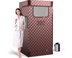 COSTWAY Stoomsauna, thuissauna voor thuis, full-body saunabox met 3-liter stoomgenerator, afstandsbediening, voetmassageapparaat en klapstoel, draagbare saunatent 91 x 91 x 183 cm (bruin)