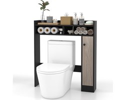 COSTWAY Toiletkast badkamer bovenbouwkast, toiletstandaard met verstelbare planken, badkamerrek hout, badkamerkast vrijstaand (zwart)