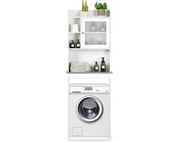 COSTWAY Toiletkast, vrijstaand, badkamerkast met verstelbare plank en open vakken, toiletrek met glazen deur en marmeren plaat, wasmachinekast, hoge kast, wit, 59 x 19 x 173 cm