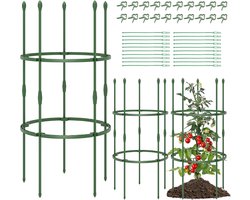 COSTWAY Tomaten Klimhulp, set van 3, diameter 50 cm, verstelbare hoogte, 2 ringen, tomatenkooi, plantenkooi, plantensteun voor klimplanten, komkommers, bloemen, metaal en kunststof, groen, 102 cm hoog