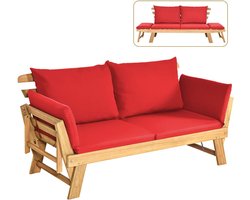 COSTWAY Tuinbank met ligfunctie, tuinbank met kussens en inklapbare armleuning, balkonbank van hout, zitbank voor tuin, terras, balkon, 198 x 75 x 75 cm, rood