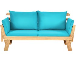 COSTWAY Tuinbank met ligfunctie, tuinbank met kussens en inklapbare armleuning, balkonbank van hout, zitbank voor tuin, terras, balkon, 198 x 75 x 75 cm, turquoise
