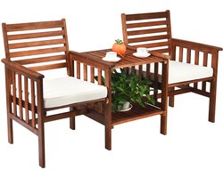 COSTWAY Tuinbank met tafel, 2-zits houten bank met zitkussen en parasolgat, zitbank van acaciahout, tot 350 kg belastbaar, terrasbank voor balkon, tuin, terras, 165 x 65 x 88 cm