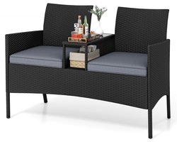 COSTWAY Tuinbank met tafel, 2-zits polyrotan zitbank, zitgroep, tuinmeubelen, terrasmeubels, weerbestendige balkonmeubels voor terras, tuin, balkon (grijs)