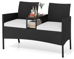 COSTWAY Tuinbank met tafel, 2-zits polyrotan zitgroep, tuinmeubelen, terrasmeubels, weerbestendige balkonmeubels voor terras, tuin, balkon (wit)