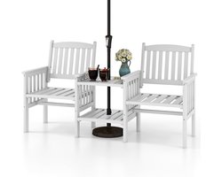 COSTWAY Tuinbank met tafel, 2-zitsbank met 5 cm parasolgat, houten bank van dennenhout tot 330 kg, zitbank, outdoor, tuinstoel voor balkon, tuin, terras, 165 x 60 x 88 cm, wit