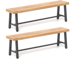 COSTWAY Tuinbank, weerbestendig, 3-zitsbank, tot 360 kg, parkbank van acaciahout en metaal, terrasbank zonder rugleuning, voor buiten, tuin, achtertuin, balkon, 160 x 32 x 45 cm, 2 stuks