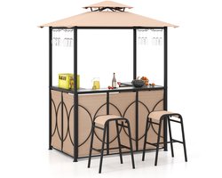 COSTWAY Tuinbarset, bartafel met 2 barkrukken, metalen planken en glashouders, grillpaviljoen met dubbel dak, statafel van gehard glas, voor terras en tuin (bruin)