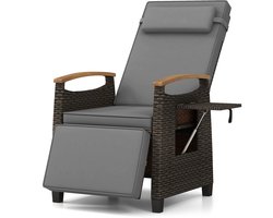 COSTWAY Tuinfauteuil met verstelbare rugleuning, rotan fauteuil met kussen en verstelbare rugleuning, ligstoel met inklapbaar bijzettafeltje, relaxfauteuil voor terras, tuin en balkon (grijs)