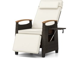 COSTWAY Tuinfauteuil met verstelbare rugleuning, rotan fauteuil met kussen en verstelbare rugleuning, ligstoel met inklapbaar bijzettafeltje, relaxfauteuil voor terras, tuin en balkon(Wit)