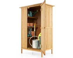 COSTWAY Tuinkast hout, gereedschapsschuur met asfaltdak, 3 planken en 5 haken, gereedschapsschuur met afsluitbare deur, outdoor tuinhuis voor achtertuin, terras, 91 x 66 x 150 cm