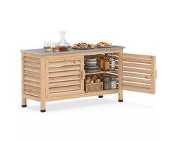 COSTWAY Tuinkast van dennenhout, Gereedschapskast met aluminium werkblad | Opbergkast met 2 lamellendeuren, voor balkon, terras & tuin, 109 x 40,5 x 61,5 cm