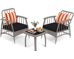 COSTWAY Tuinmeubelset, polyrotan balkonmeubels met 5-traps verstelbare rugleuning, rotan terrasmeubel, tafel en zitkussen, weerbestendig, zitgroep voor terras, balkon, tuin