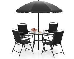 COSTWAY Tuinmeubelset, tuintafel met 4 stoelen en parasol, terrasmeubels, balkonmeubels, tuinset, zitgroep voor terras, balkon, tuin