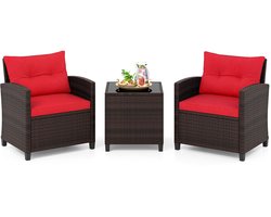 COSTWAY Tuinmeubelset van rotan, 3-delige balkonset bestaande uit 2 fauteuils, kussens en een tafel met blad van gehard glas, kleine balkonmeubels, weerbestendige zitgroep voor 2 personen(Rood)