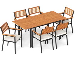COSTWAY Tuinset, 130/170 x 80 cm uitschuifbare tuintafel met parasolgat, 6 stapelbare tuinstoelen met kussens, zitgroep voor 6 personen, terrasmeubelen, tuinmeubilair, zitmeubilair, eethoek.