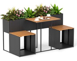 COSTWAY Tuinset met verhoogd plantenbed (Zwart) | Kruidenbak met geïntegreerde stoelen, balkonset, balkonmeubelen, zitmeubilair, zitset voor tuin, balkon, terras