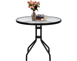 COSTWAY Tuintafel met tafelblad van gehard glas, 70 x 70 x 71 cm, terrastafel met parasolgat en metalen frame, ronde balkontafel, outdoor-eettafel voor binnenplaats, terras, tuin