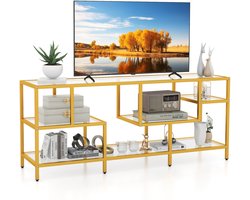 COSTWAY Tv-kast, tv-tafel voor tv's tot 65 inch, tv-tafel met geharde glazen planken, tv-plank voor woonkamer, slaapkamer en hal, goud, 147 x 40 x 62 cm