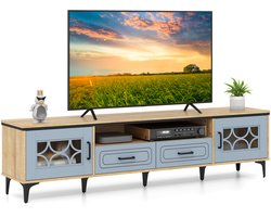 COSTWAY Tv-kast van bamboe, lowboard voor tv's tot 80 inch, tv-kast met 2 laden, 2 deuren en vak, televisietafel met metalen poten, tv-kast voor woonkamer (blauw)