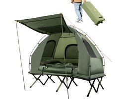 COSTWAY Veldbed met tent voor 2 personen, campingbed met voortent, luchtmatras, slaapzak en 2 kussens, campingligstoel met draagtas op wielen, 194 x 145 x 187 cm