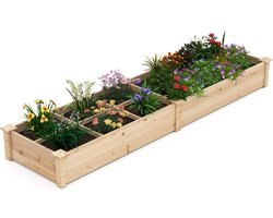 COSTWAY Verhoogd bloembed, hout, tuinbed met 2 plantenbakken en scheidingswanden, kruidenbed voor tuin, balkon, binnenplaats, terras, plantenbed, dennenhout, 228 x 62 x 25 cm, naturel