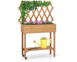 COSTWAY Verhoogd bloembed met plank en latellis, bloembed op wieltjes, plantenbak met stoffen bekleding, hout, bloembak met rankrooster voor klimplanten, tuin, balkon, terras, 90 x 29 x 129 cm