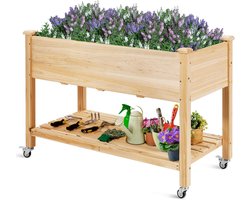 COSTWAY Verhoogd bloembed met plank en wieltjes, verhoogd tuinbed van hout, plantenbak met vergrendelbare wielen en afdekfolie, grote groentebak, kruidenbak, voor balkon, tuin, terras