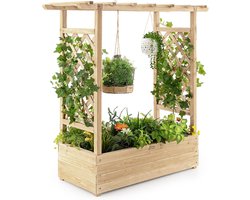 COSTWAY Verhoogd bloembed met rankrooster en hangend dak, plantenbak met klimhulp, bloembak voor klimplanten en hangende manden, voor tuin, binnenplaats, terras, plantenbak van hout, naturel