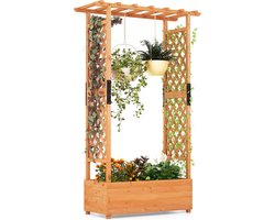 COSTWAY Verhoogd bloembed met rankrooster en hangend dak, plantenbak met klimhulp, voor klimplanten en hangende manden, binnenplaats, tuin, terras, plantenbak van hout, oranje, 110 x 44 x 182 cm
