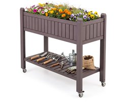 COSTWAY Verhoogd tuinbed met wielen, verhoogd tuinbed met plank, waterniveau-indicator en drainagegaten, kruiden- en groentetuin, gemaakt van kunststof en metaal, plantentafel voor balkon, tuin en terras, bruin