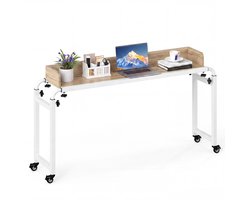 COSTWAY Verrijdbare Bedtafel met Wieltjes, Bedtafel met Verstelbare Hoogte & Lengte, Verzorgingstafel met Geluidsscherm, Bureau boven Bed, Computertafel Laptoptafel voor Slaapkamer (Natuur)