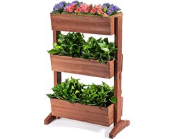 COSTWAY Verticaal verhoogd bloembed met 3 etages, bloembed met 3 verstelbare plantenbakken en afvoergaten, bloementrap, tuinbed, dennenhout, bloembak voor terras, balkon, tuin, bruin