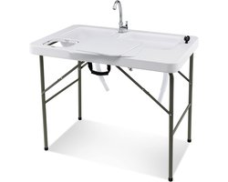 COSTWAY Visreinigingtafel, inklapbare filetietafel met 2 ingebouwde spoelbakken, 360° draaibare kraan en meetschaal, draagbare campingtafel voor kamperen, vissen, grillen