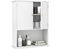COSTWAY Wandkast Badkamer, Badkamerkast met 2 deuren & open plank & verstelbaar schap, Ruimtebesparende badkamerkast, Wandkast voor badkamer, keuken, 60x21x75 cm (L x B x H) (Wit)